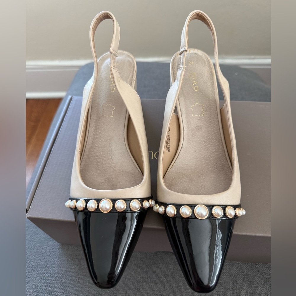 Leather Slingback Pumps with Pearl Trim - Beige and Black